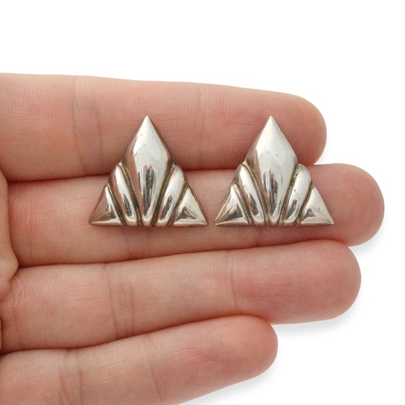 Vintage Sterling Silver Triangle Stud Earrings Modernist Large Studs - Picture 4 of 5